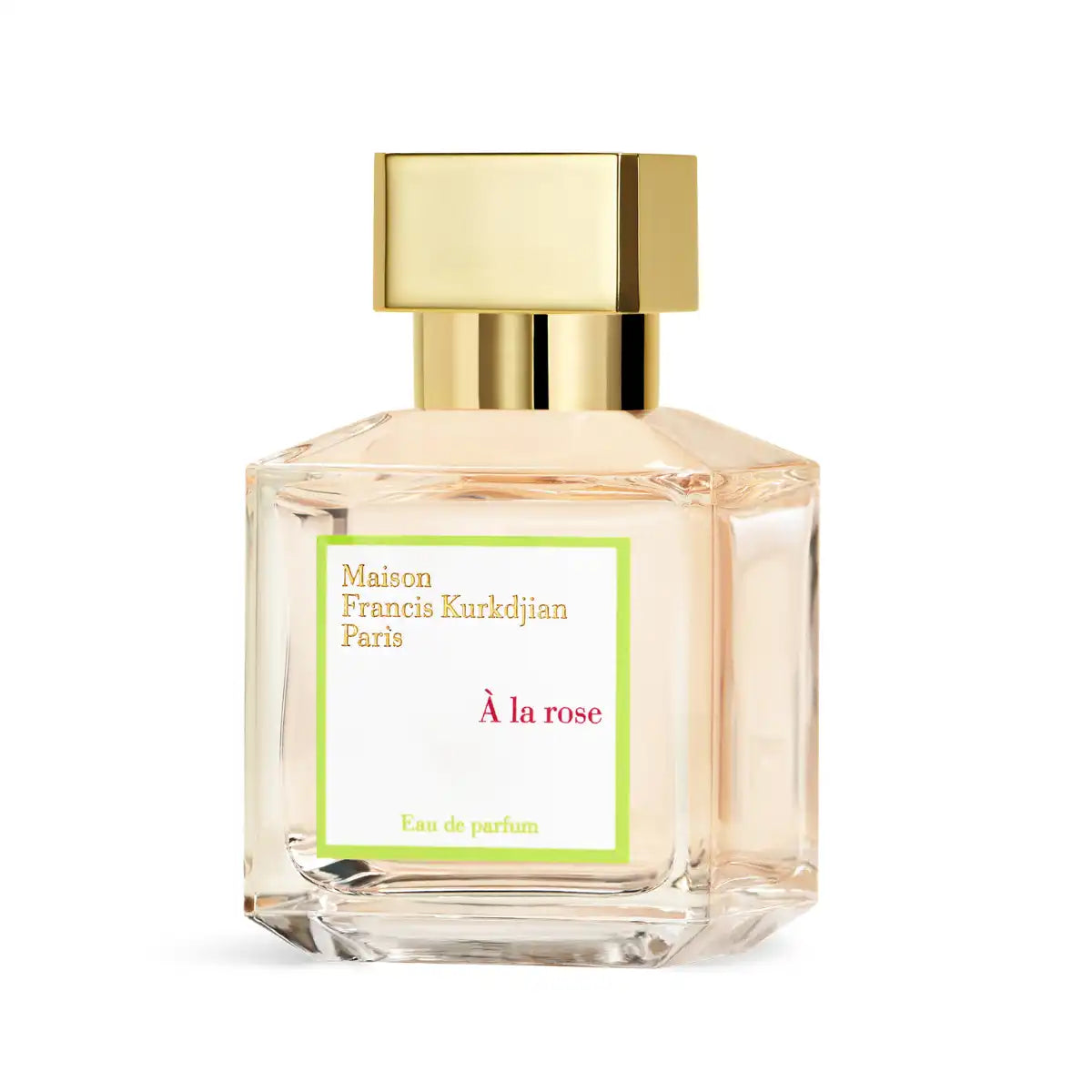 Maison Francis Kurkdjian Paris - À la Rose Parfüm mit goldfarbenem Verschluss und zartrosafarbener Flüssigkeit vor weißem Hintergrund