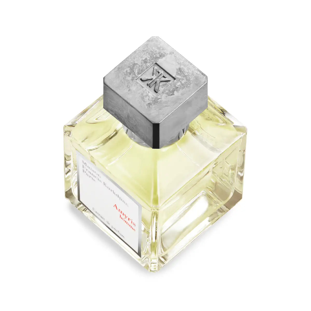 Maison Francis Kurkdjian Paris - Amyris Homme - Extrait de Parfum mit klarem quadratischem Flakon und massivem Metallverschluss vor weißem Hintergrund
