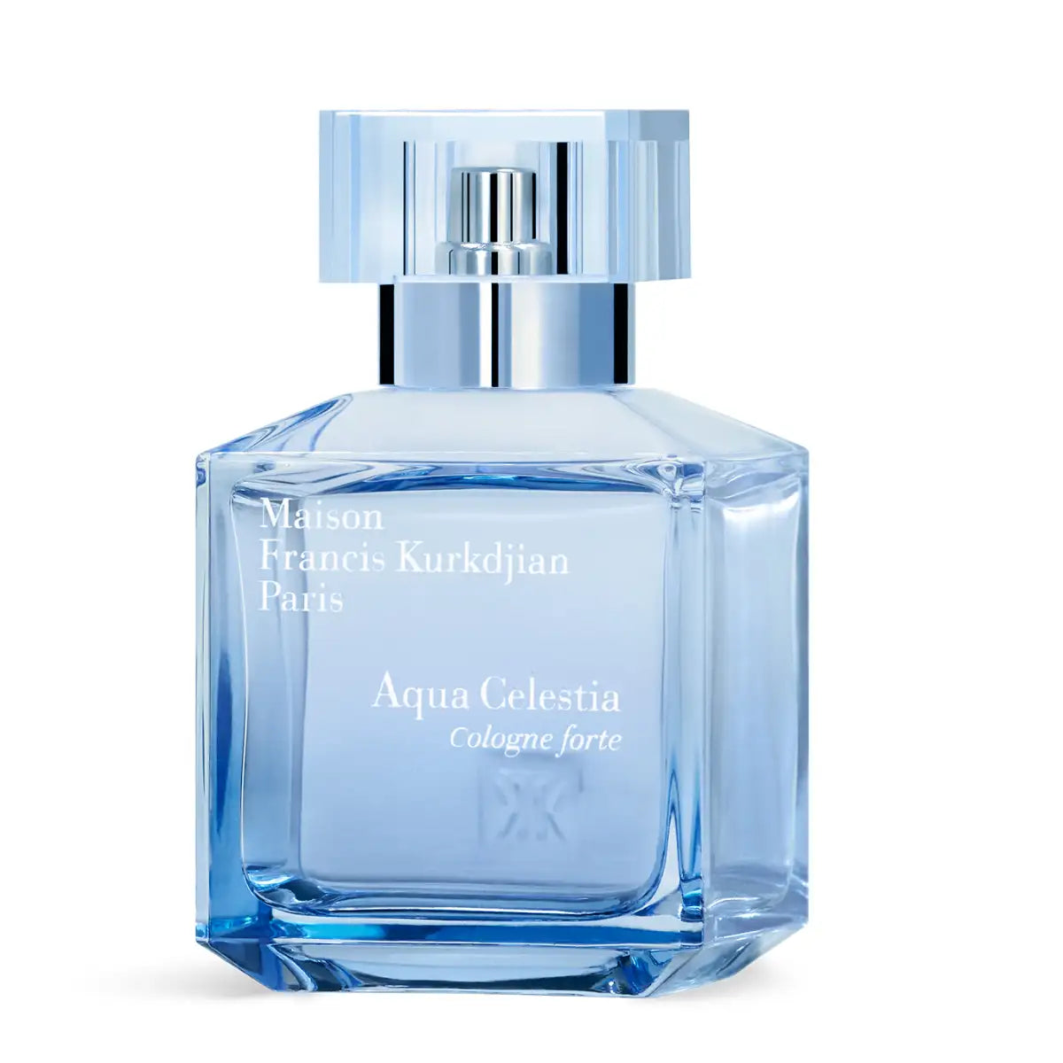 Maison Francis Kurkdjian Paris - Aqua Celestia Cologne Forte transparenter blauer Glasflakon mit silbernem Verschluss vor weißem Hintergrund