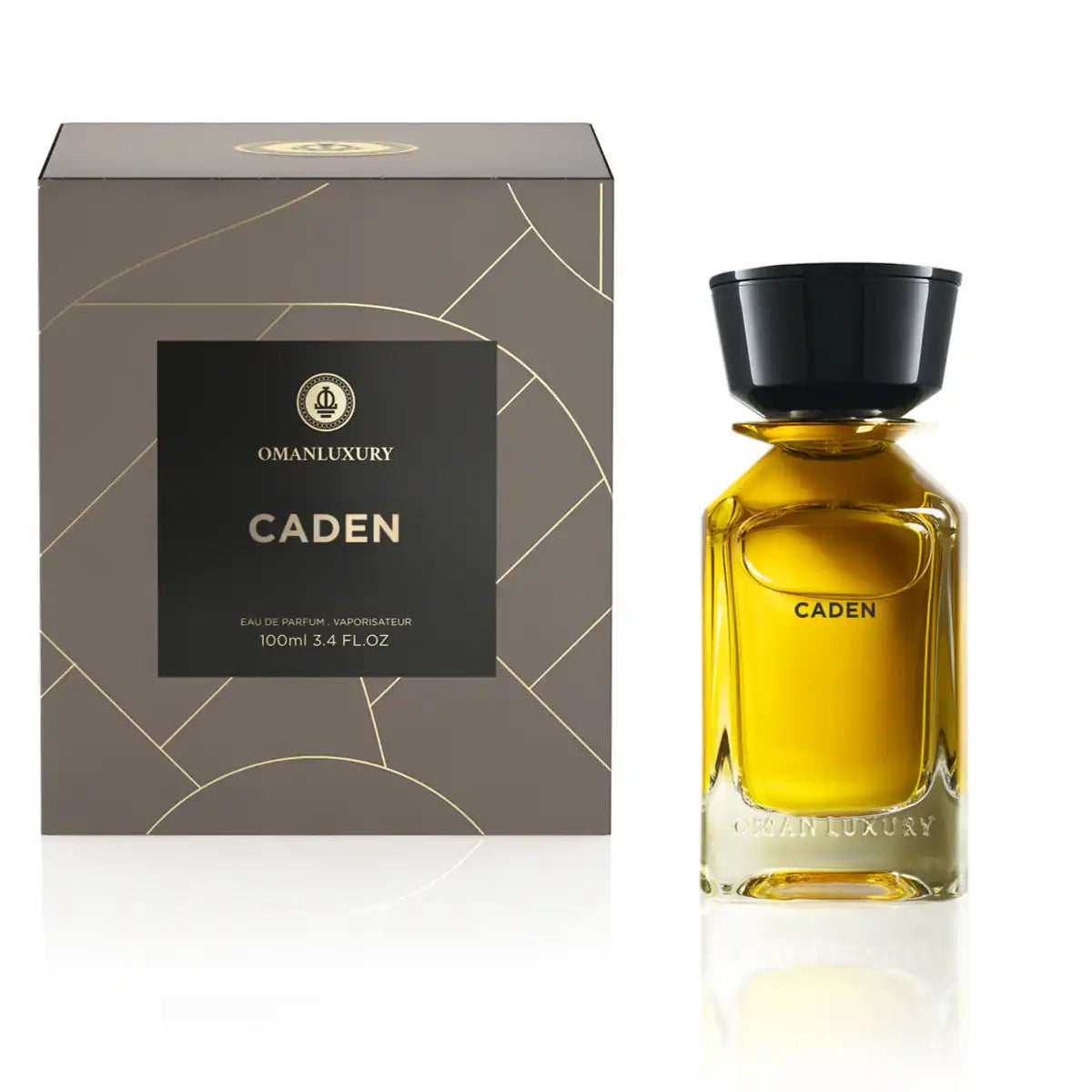 Omanluxury - Caden Parfümflakon mit goldgelbem Duft und schwarzem Verschluss neben eleganter grauer Verpackung
