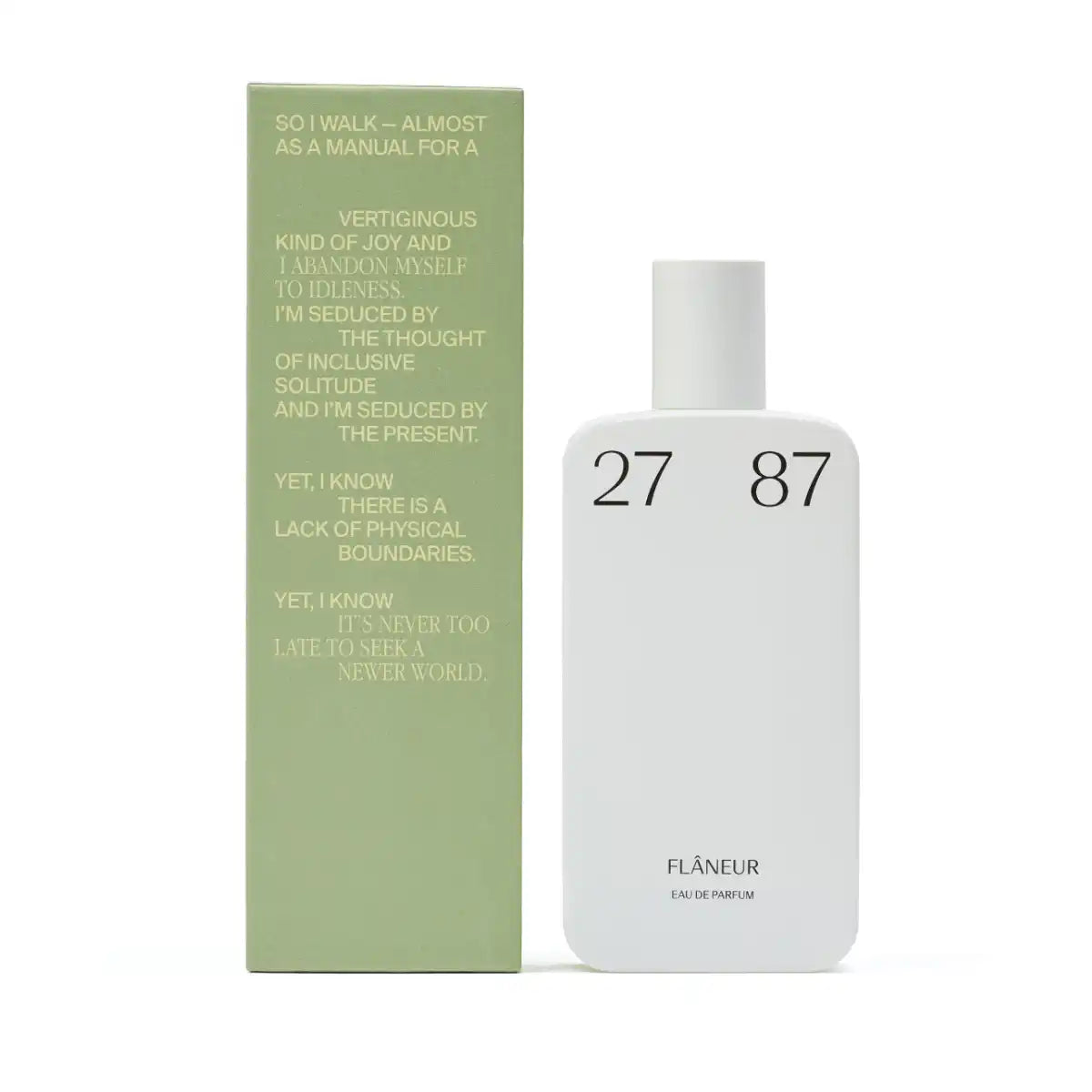 27 87 Perfumes - flâneur Parfum in schlichtem weißem Flakon neben grünem Karton mit literarischem Textdesign