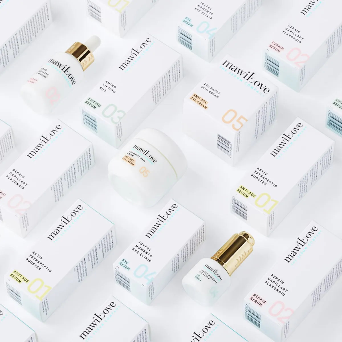 mawiLove - 03 Serum Amino Lifting BH3 zeigt weißen Flakon mit goldenem Tropfer und passender eleganter Verpackung