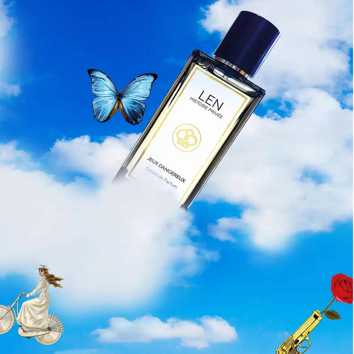 LEN - Histoire Privée - Jeux Dangereux Parfumflakon mit schwarzem Verschluss vor blauem Himmel und Wolken