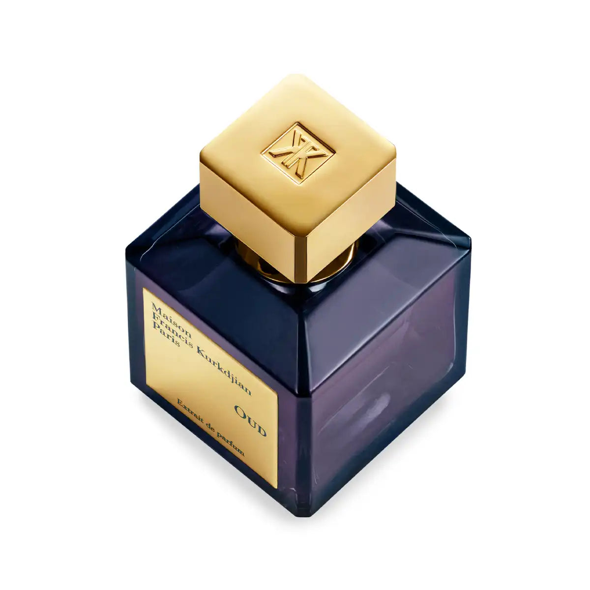 Maison Francis Kurkdjian Paris - Oud - Extrait de Parfum Flakon in dunklem Violett mit goldenem Deckel vor weißem Hintergrund
