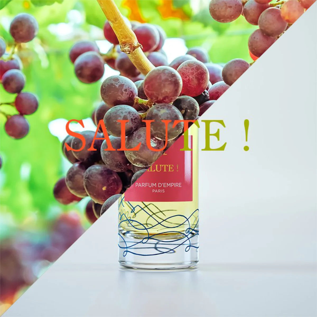 Parfum d'Empire - Salute! Flakon mit rotem Etikett vor Hintergrund mit reifen roten Weintrauben in natürlichem Licht