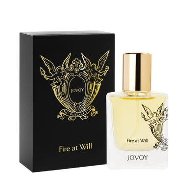 Jovoy - Fire at Will Parfumflakon mit klarem Glas, goldenem Verschluss und schwarzer Luxusverpackung mit Emblem