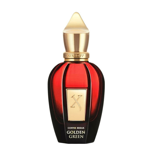 Xerjoff - Coffee Break - Golden Green edler roter Flakon mit goldfarbenem Verschluss auf weißem Hintergrund