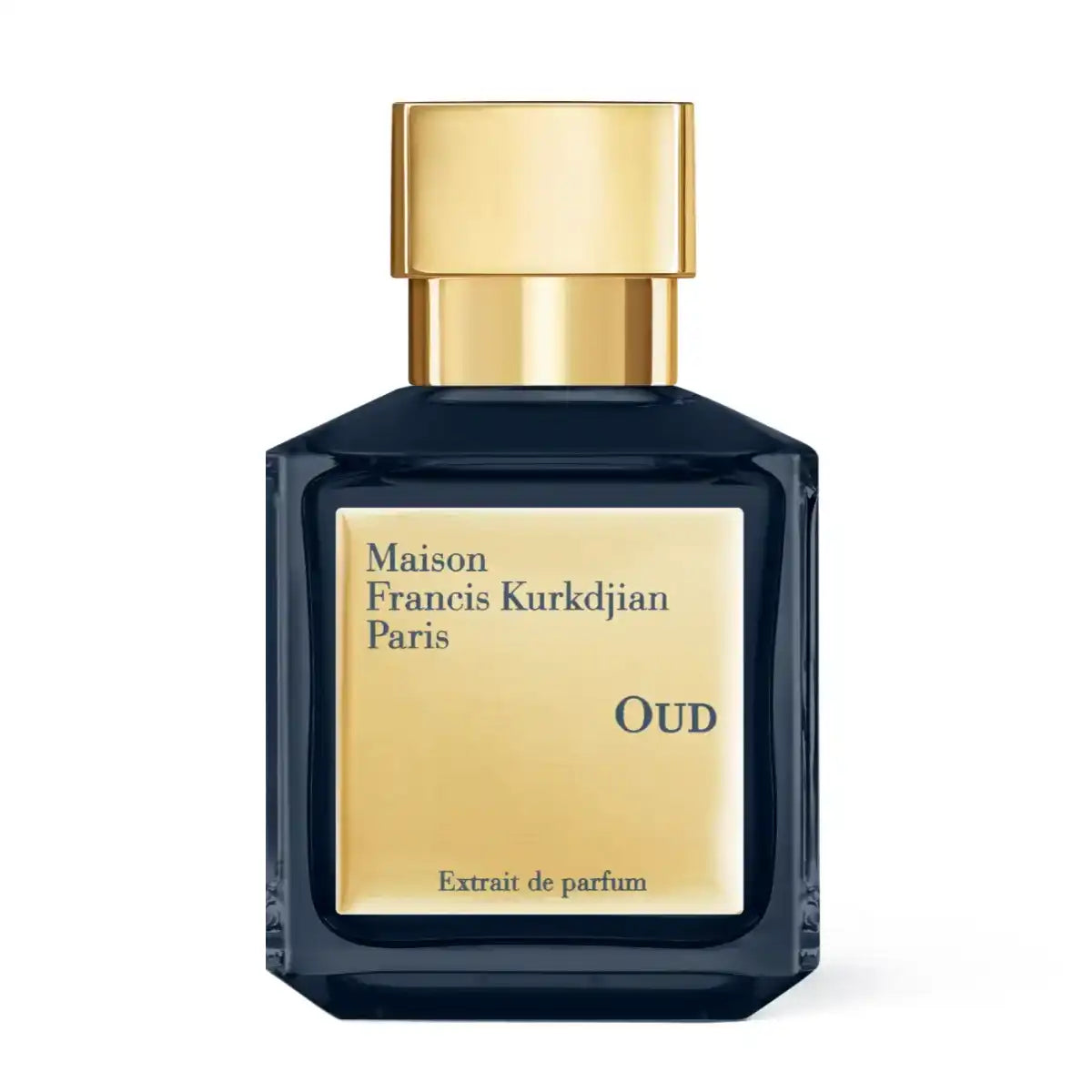 Maison Francis Kurkdjian Paris - Oud - Extrait de Parfum Flakon in tiefschwarz mit goldfarbenem Verschluss auf weißem Hintergrund