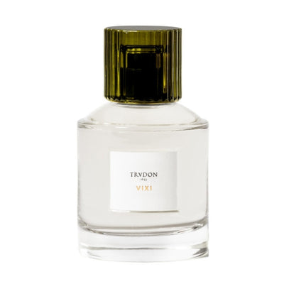 Trudon - VIXI zeigt schlichten, klaren Flakon mit dunkelgrünem Verschluss und weißem Etikett in elegantem Design